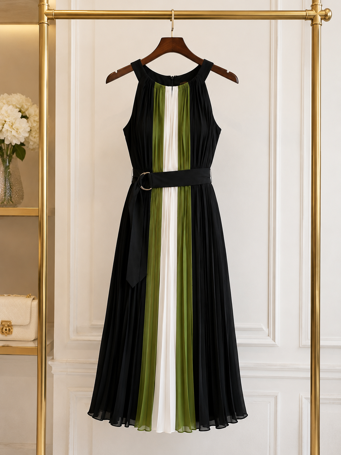 Elegant Pleated Colour block Midi Dress Size 4