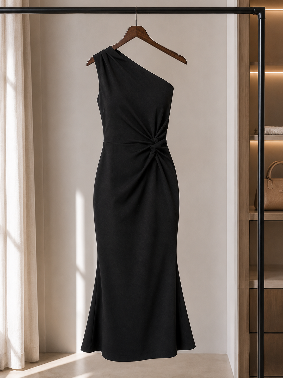 Elegant Black One-Shoulder Midi Dress Size M