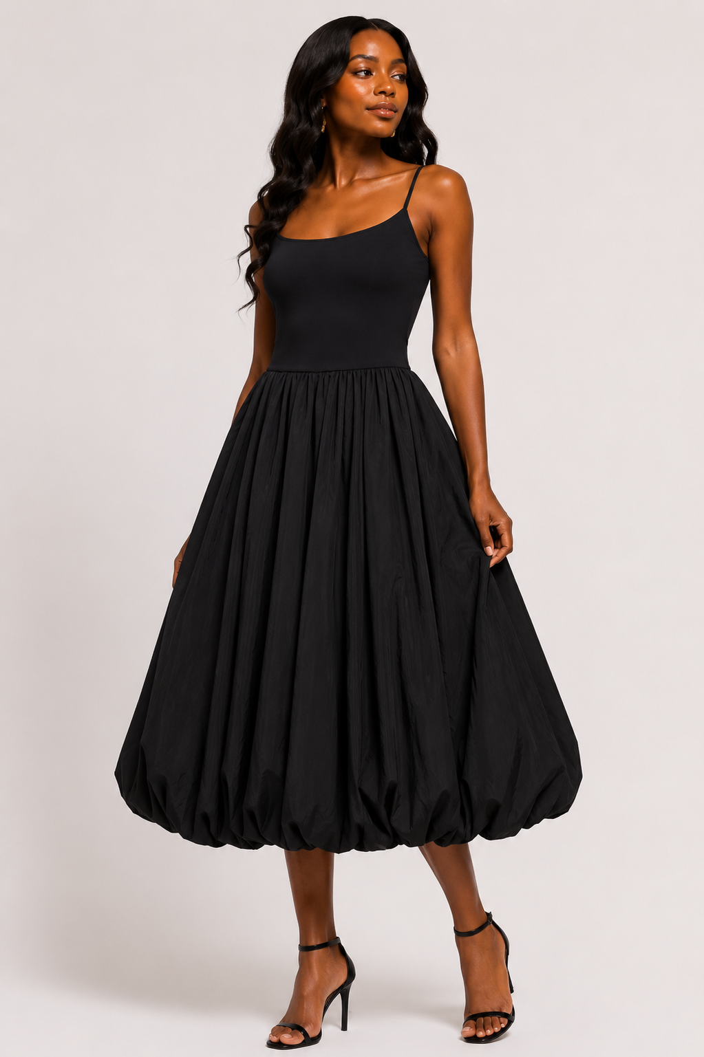 Elegant Black Balloon Midi Dress Size S