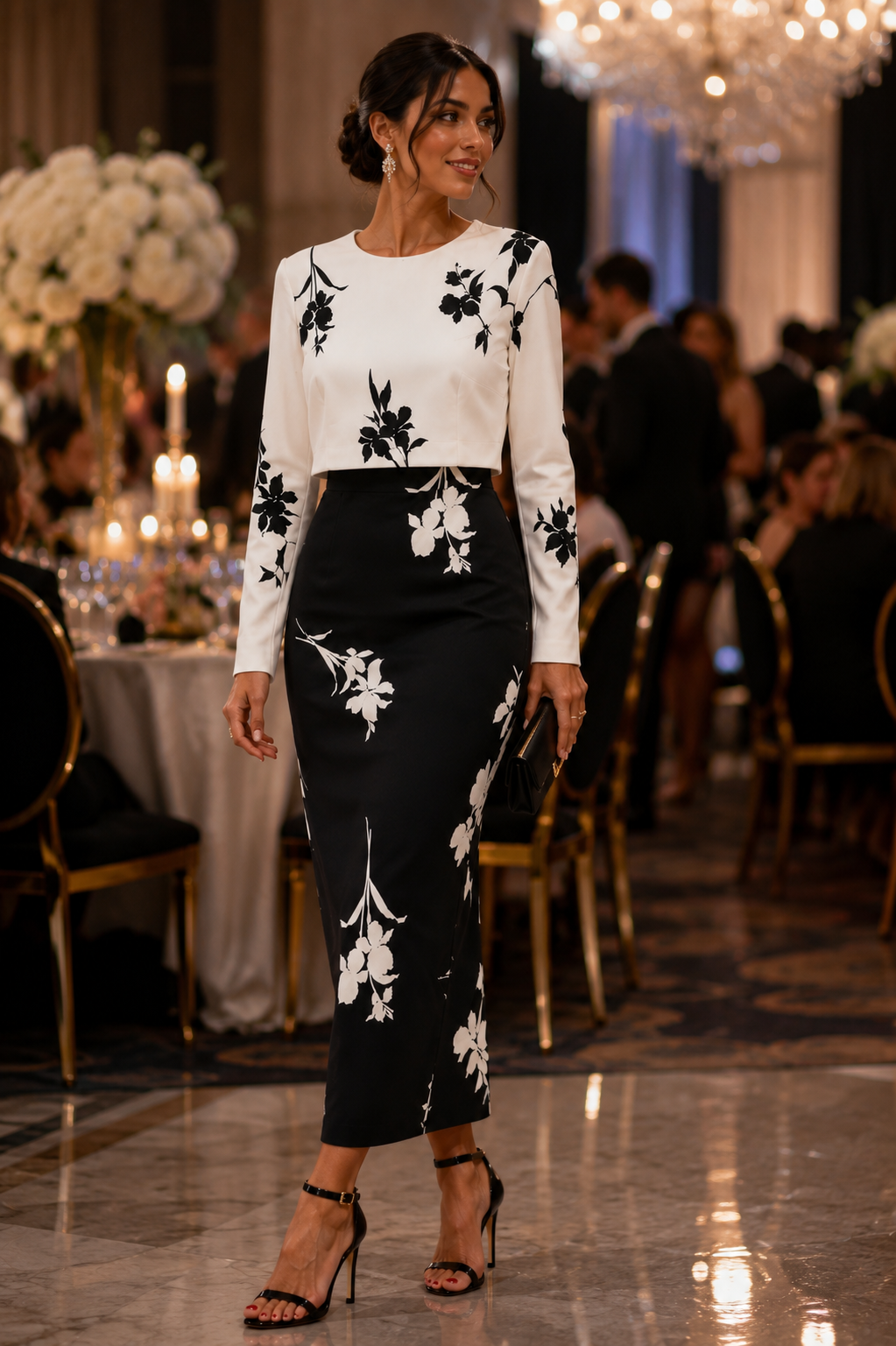 Elegant Black & White Floral Midi Dress Size M