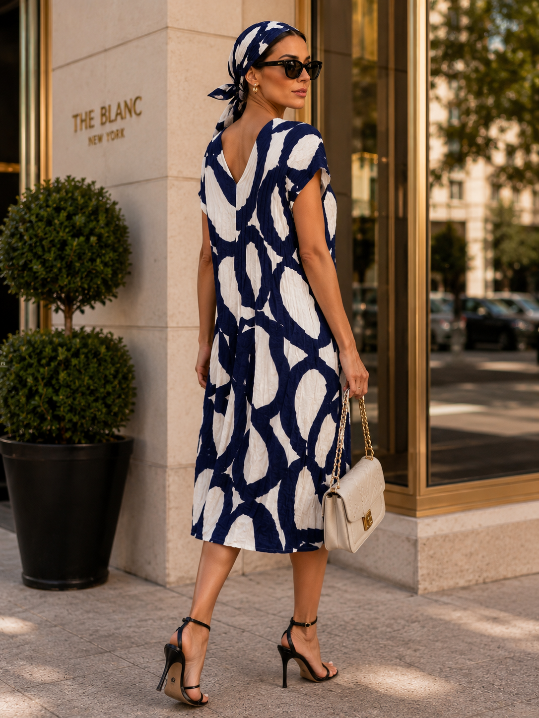 Blue & White Printed Midi Dress – Size 2