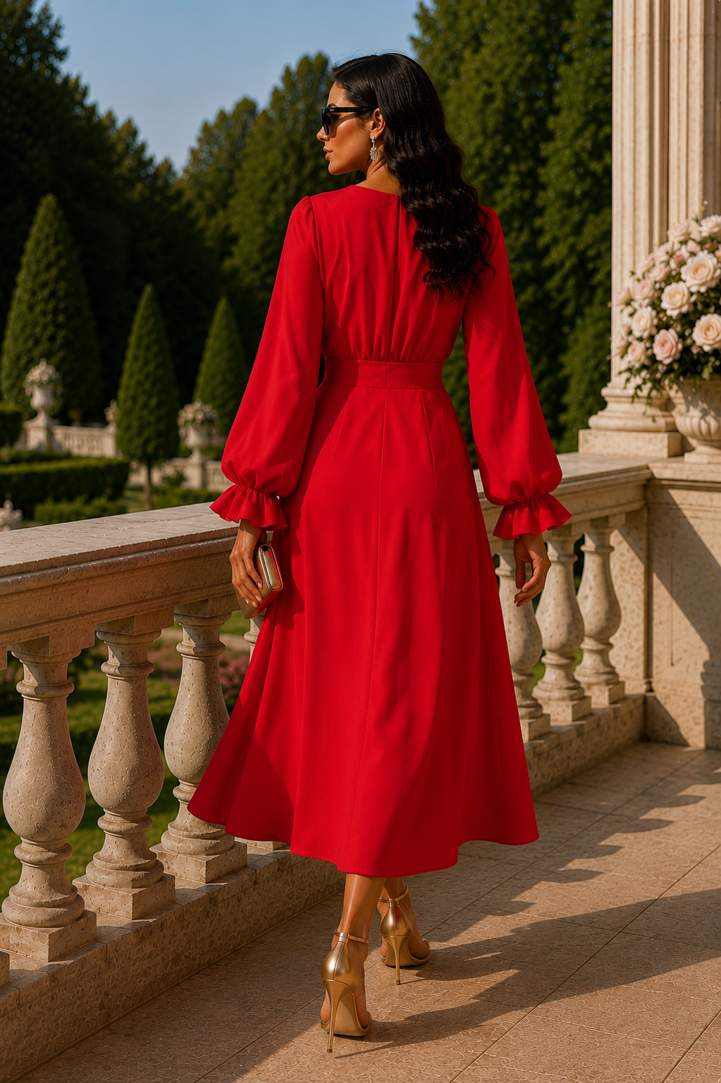 Elegant Red Long Sleeve Midi Dress size S