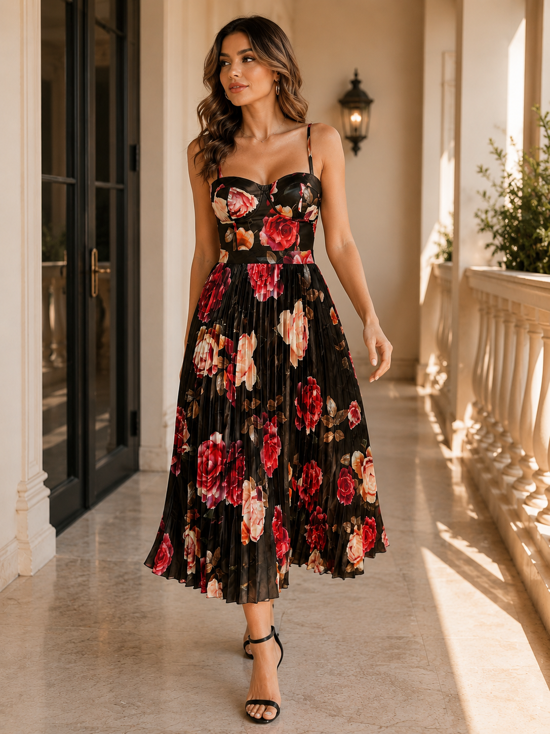 Black Floral Pleated Midi Dress – Elegant & Feminine Size M