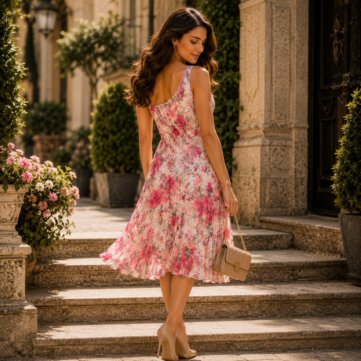 One-Shoulder Floral Pleated Maxi Dress