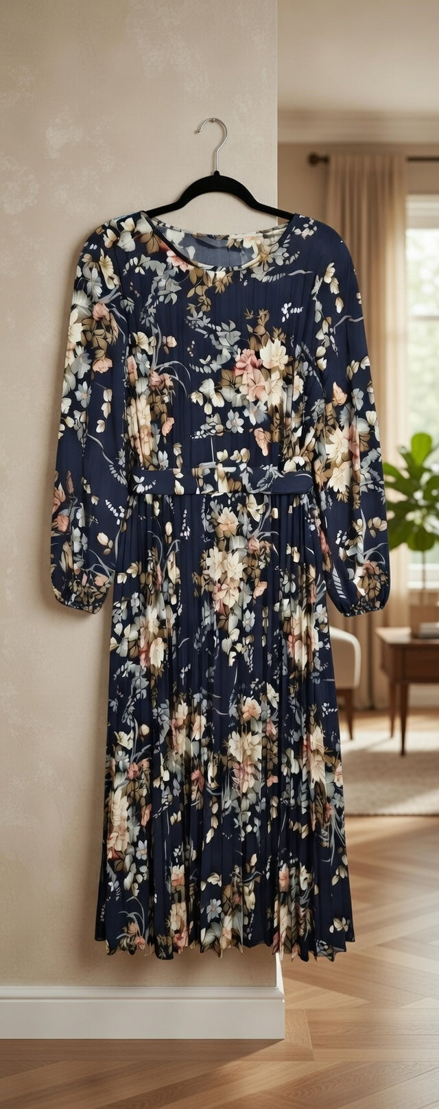 Navy Floral Pleated Midi Dress with Tie Waist
