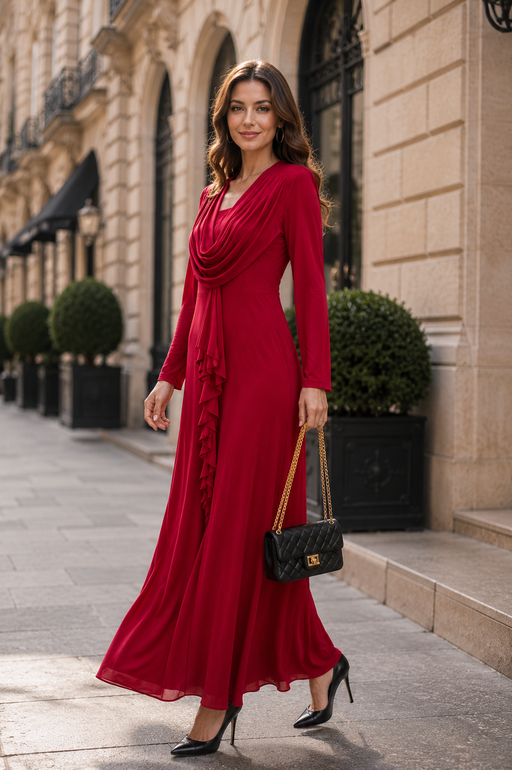 Red Draped Midi Dress