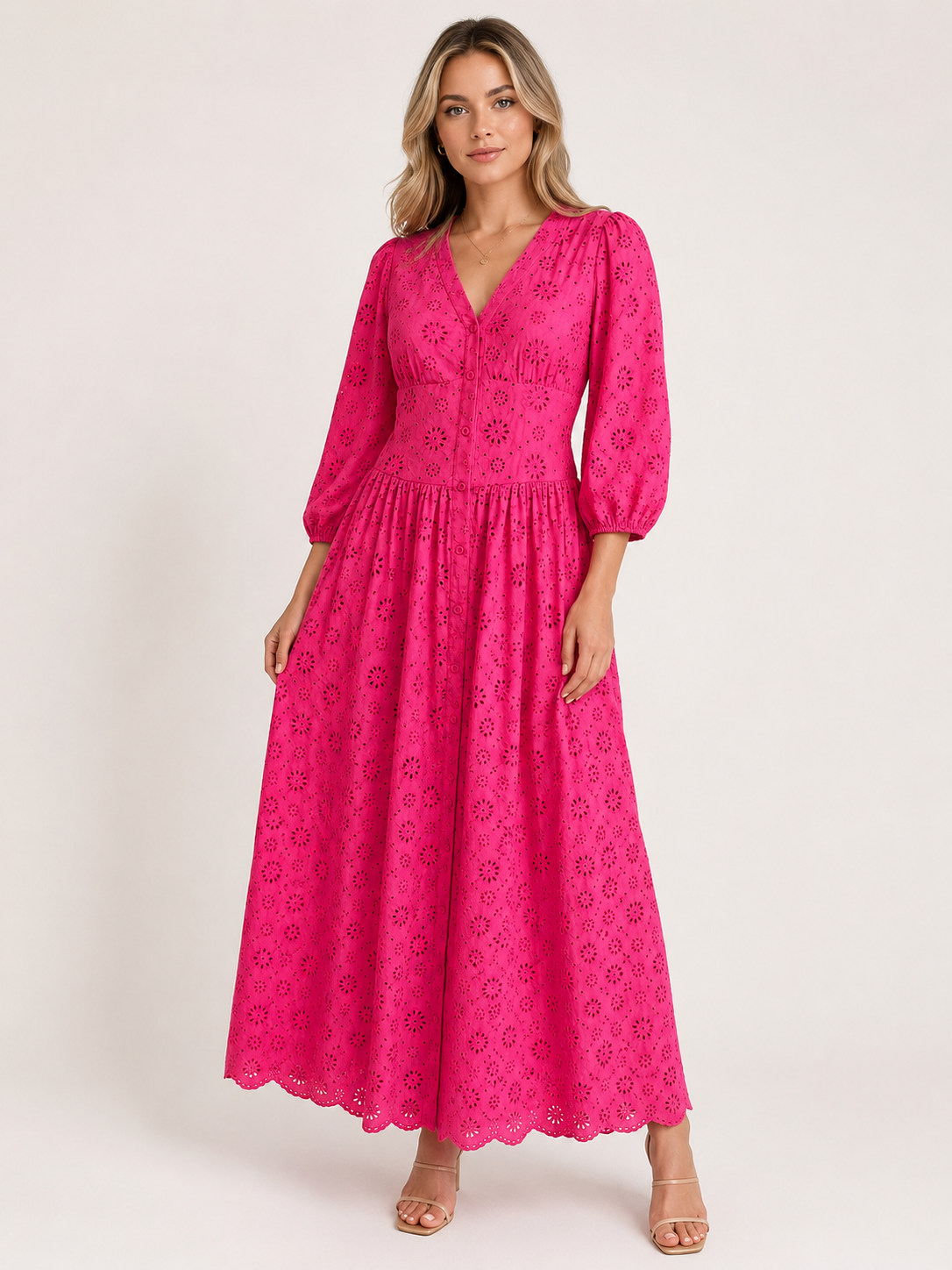 Elegant Fuchsia Broderie Midi Dress Size S