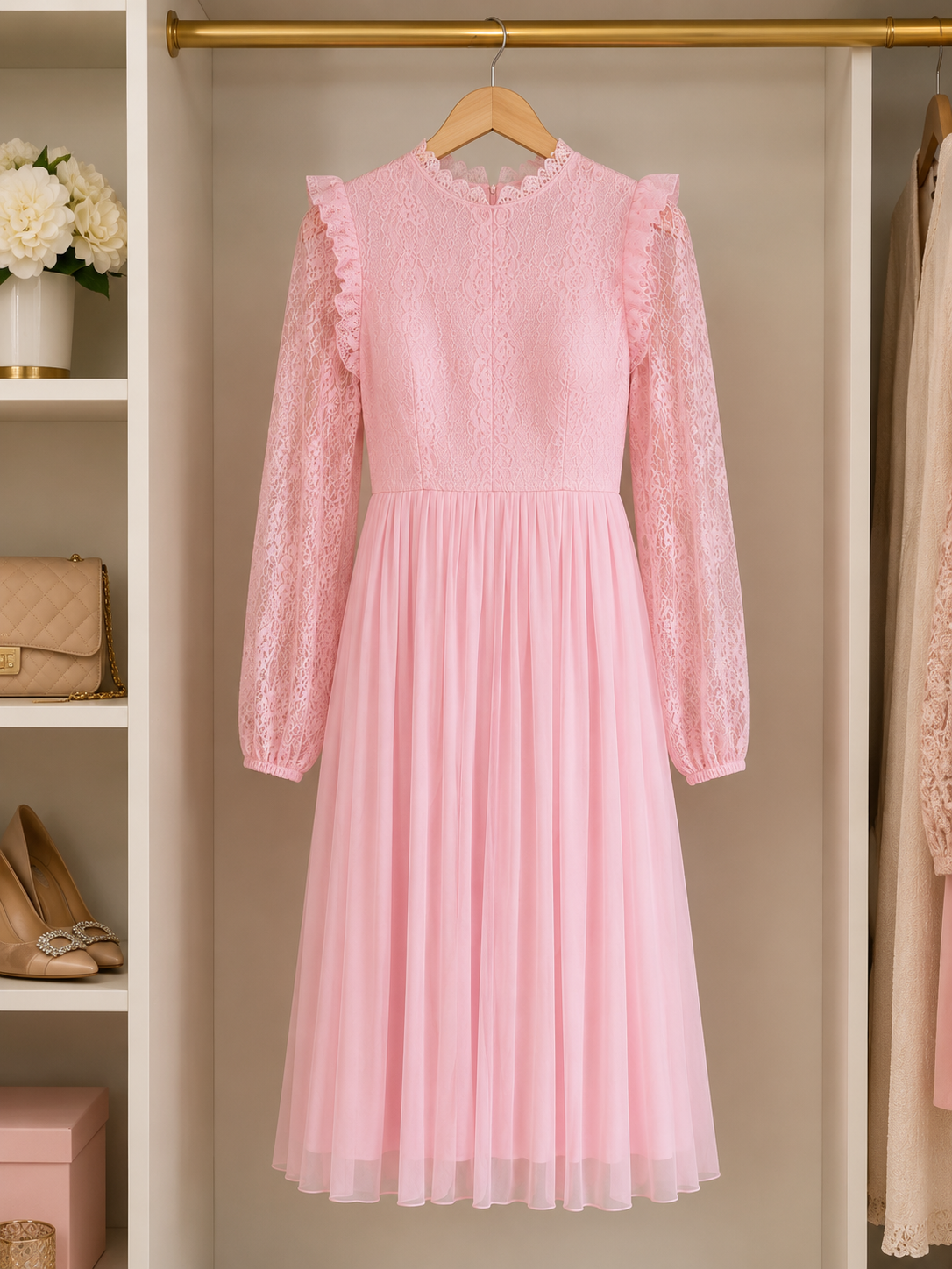 Elegant Blush Pink Lace Midi Dress Size M