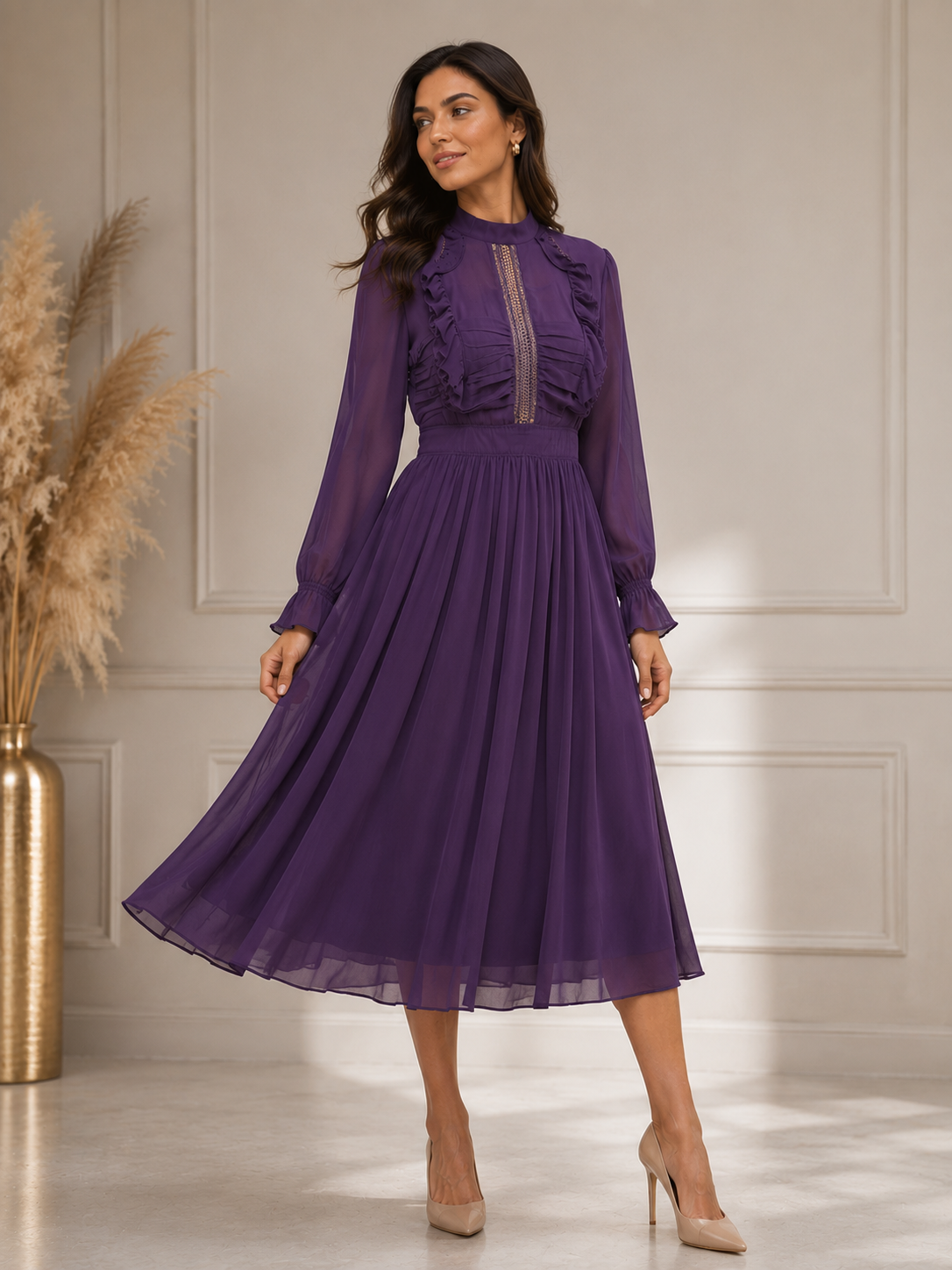 Elegant Purple Chiffon Midi Dress Size S