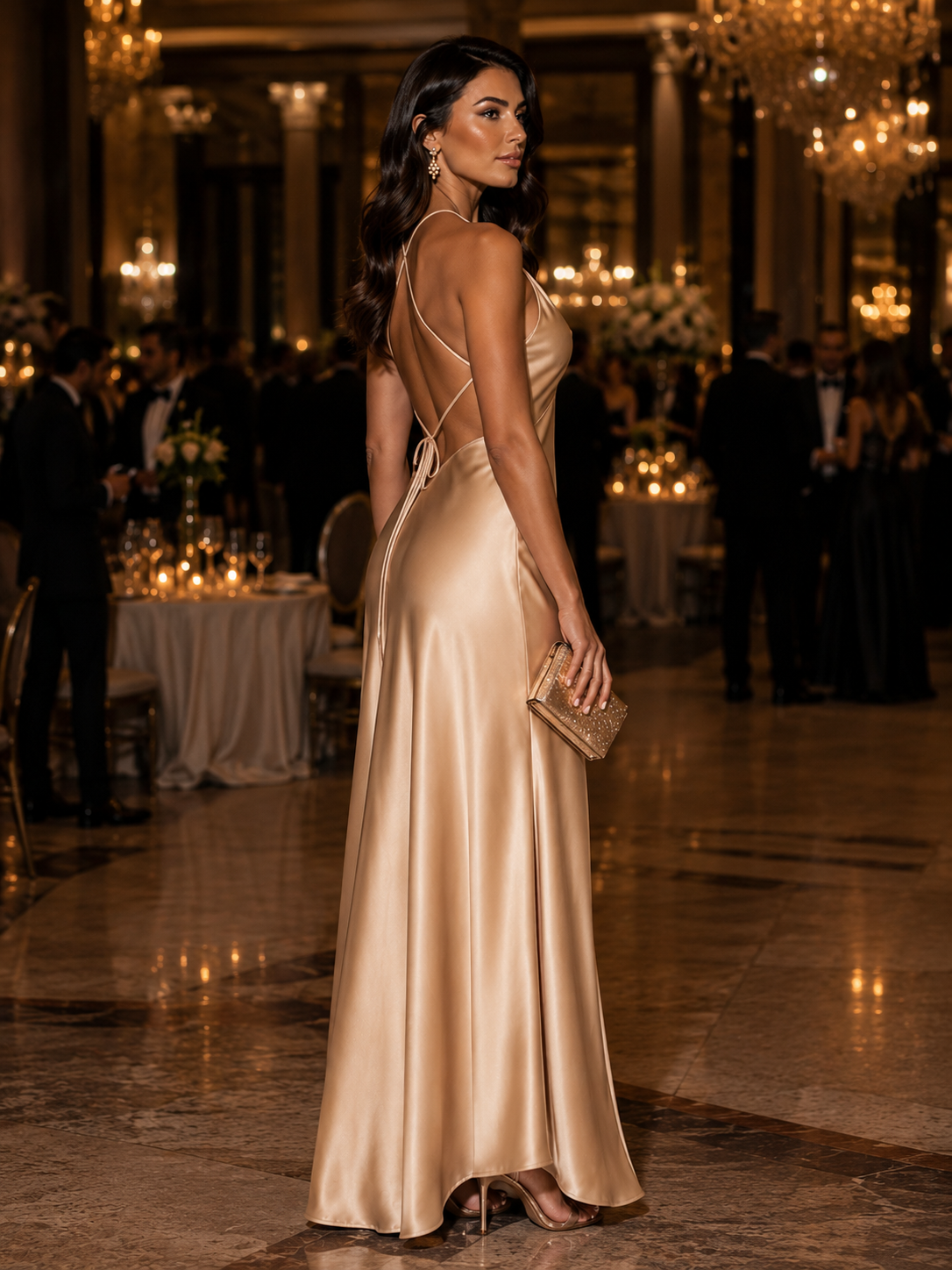 Champagne Satin Evening Gown – Elegant & Timeless Size S
