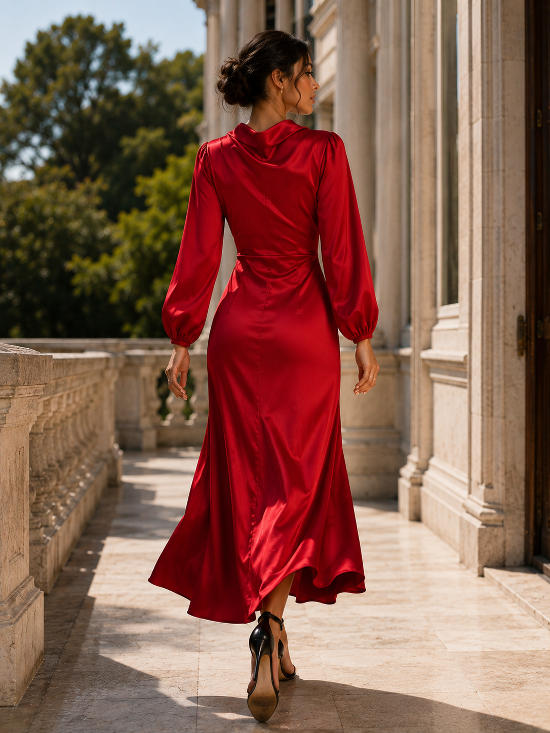 Elegant Ruby Red Satin Midi Dress – Timeless Sophistication Size XL