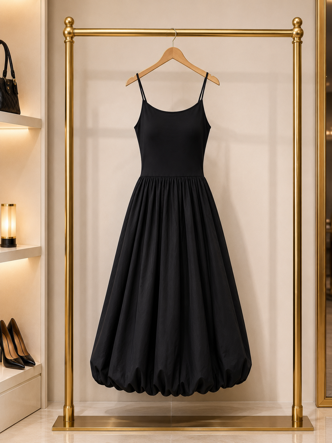 Elegant Black Balloon Midi Dress Size S