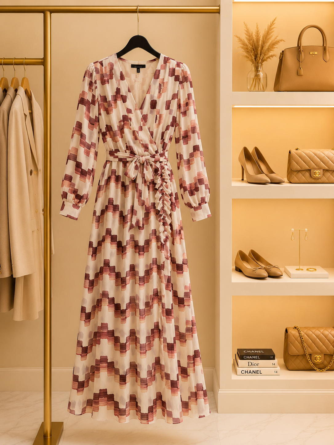 Cream wrap-style midi dress