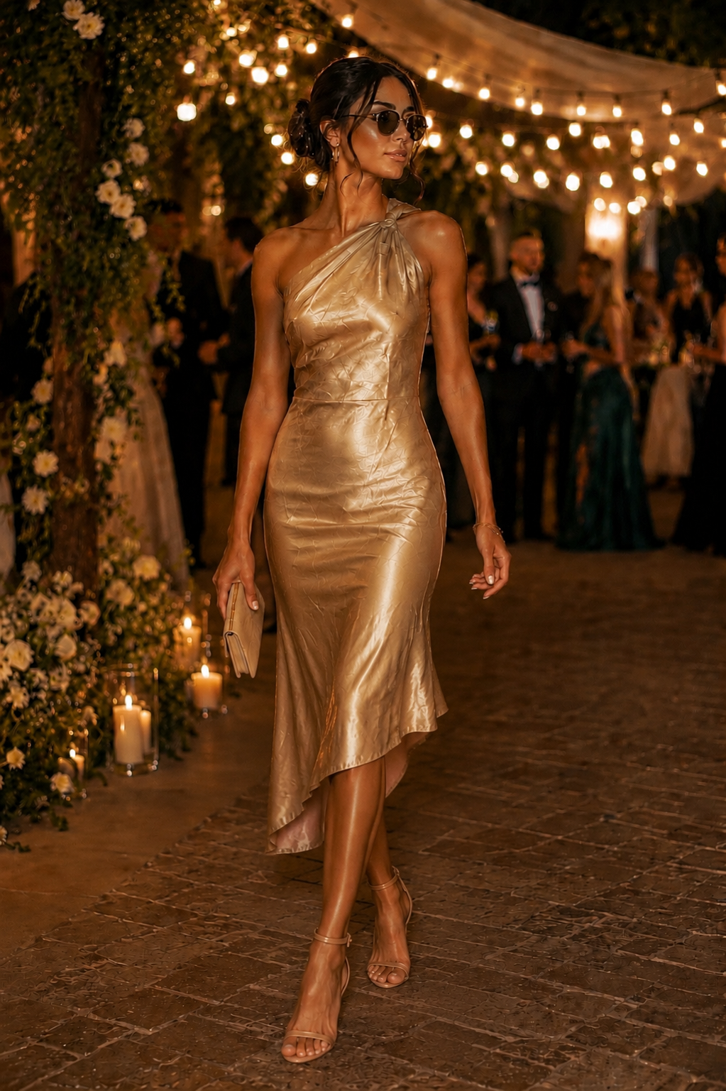 Elegant One-Shoulder Satin Midi Dress Size S