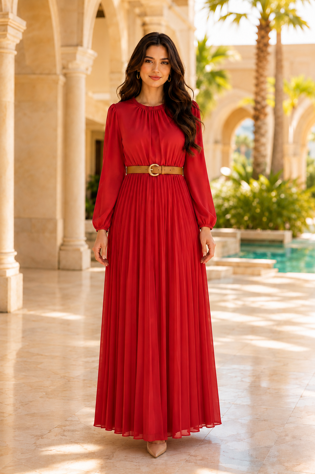 Rust Pleated Midi Dress