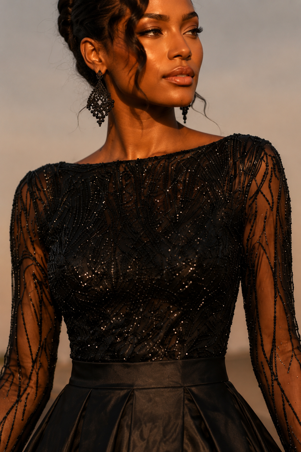 Elegant Black Ball Gown with Beaded Bodice Size M
