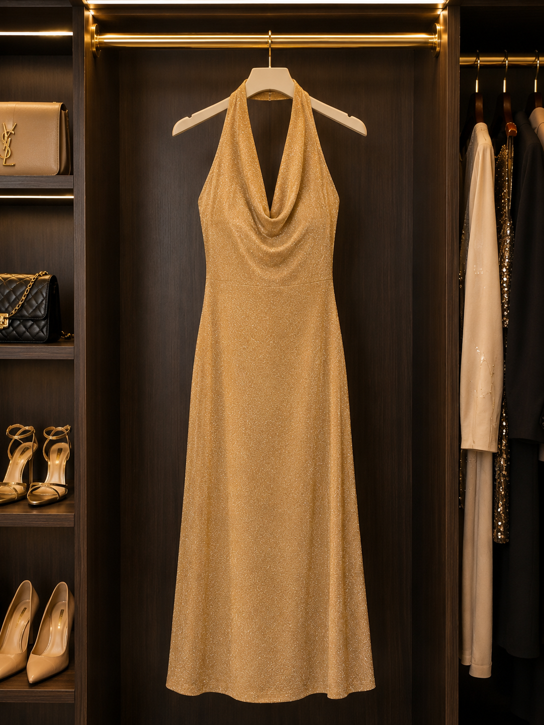 Elegant Gold Halter Midi Dress Size S