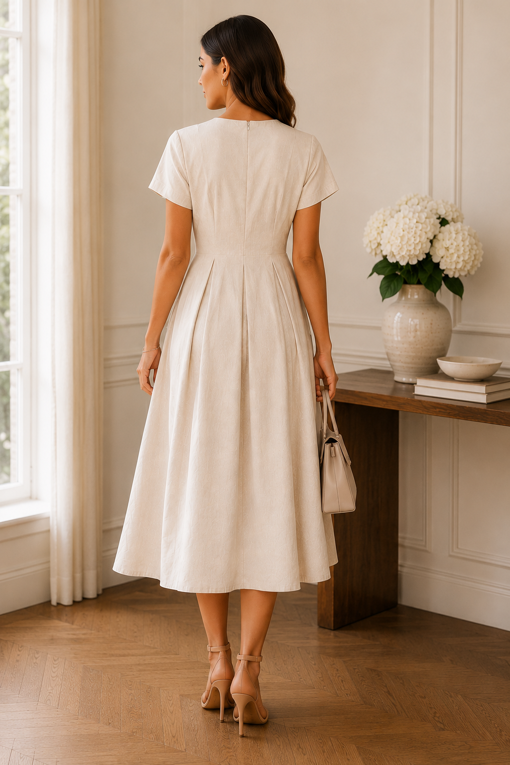 Elegant Cream A-Line Midi Dress Size L