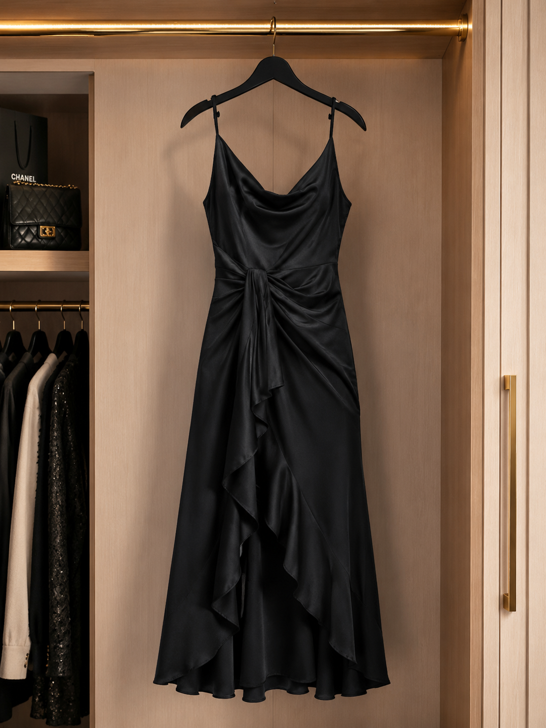 Elegant Black Satin High-Low Dress Size 16