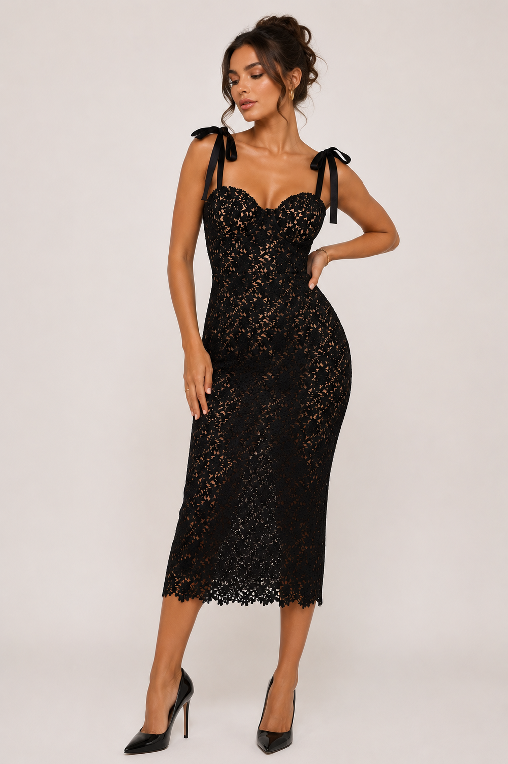 Elegant Black Lace Midi Dress Size S
