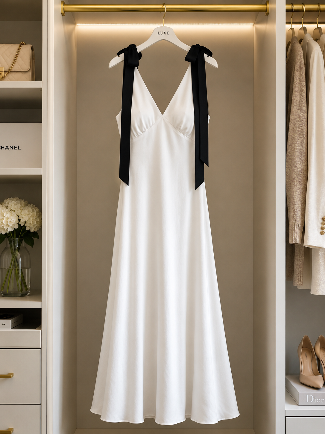 Elegant White Maxi Dress with Black Bow Straps Size L