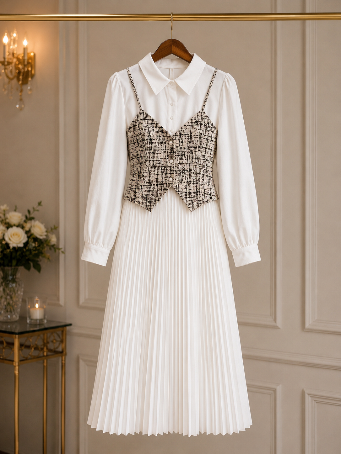 Elegant Two-Piece Look Pleated Midi Dress Size L