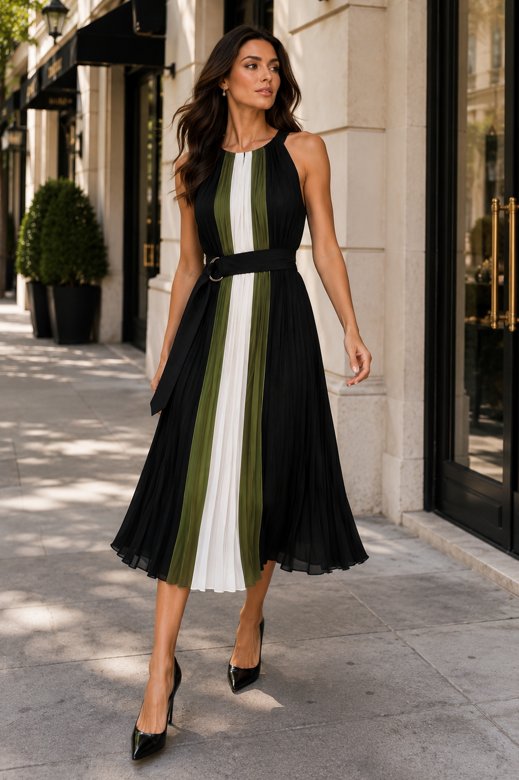 Elegant Pleated Colour block Midi Dress Size 4