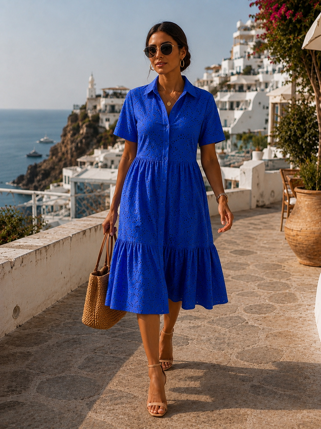 Royal Blue Eyelet Midi Shirt Dress Size S