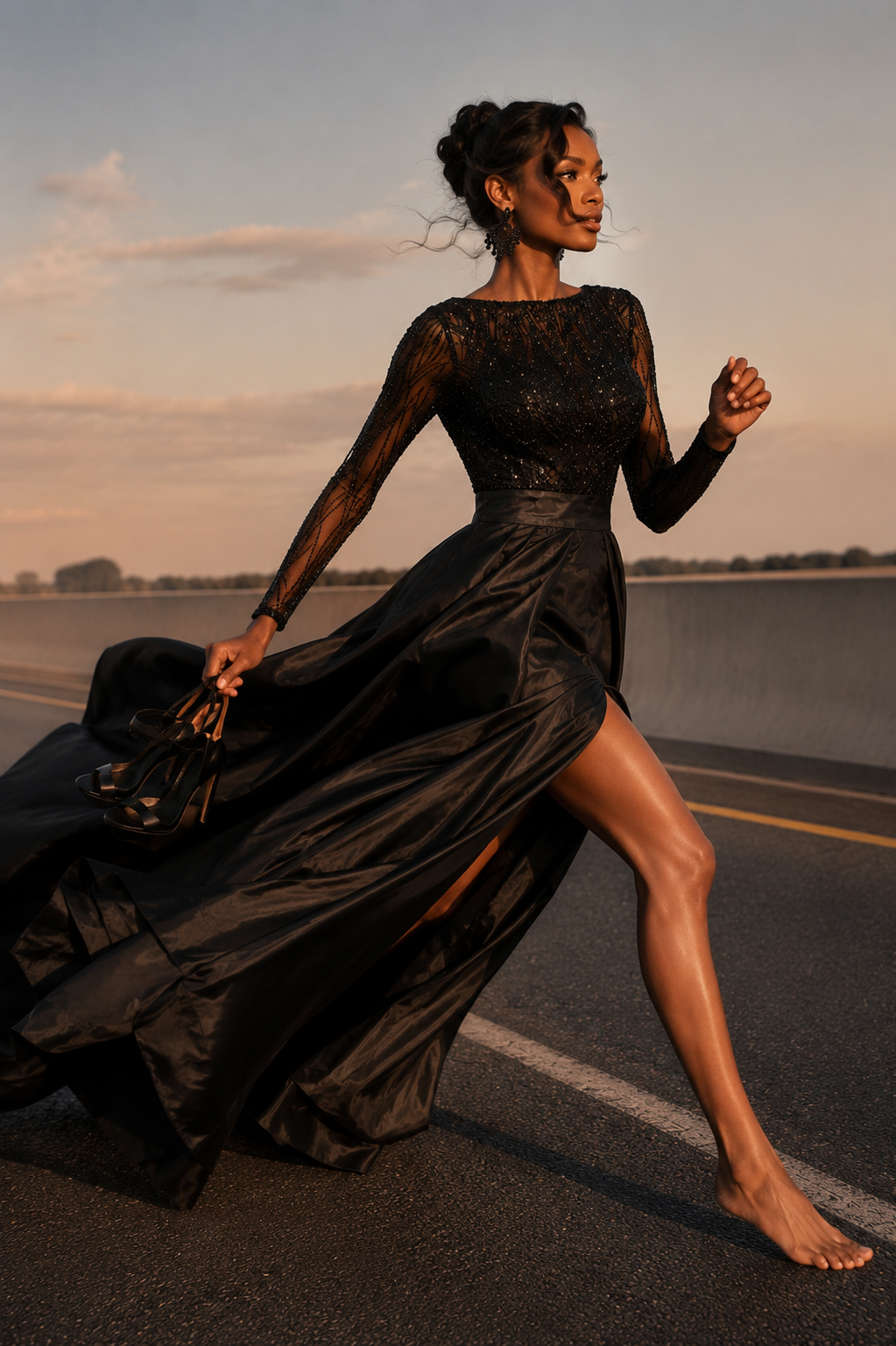 Elegant Black Ball Gown with Beaded Bodice Size M