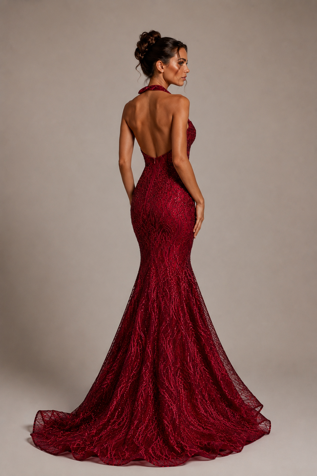 Luxury Burgundy Sequin Mermaid Evening Gown Size M