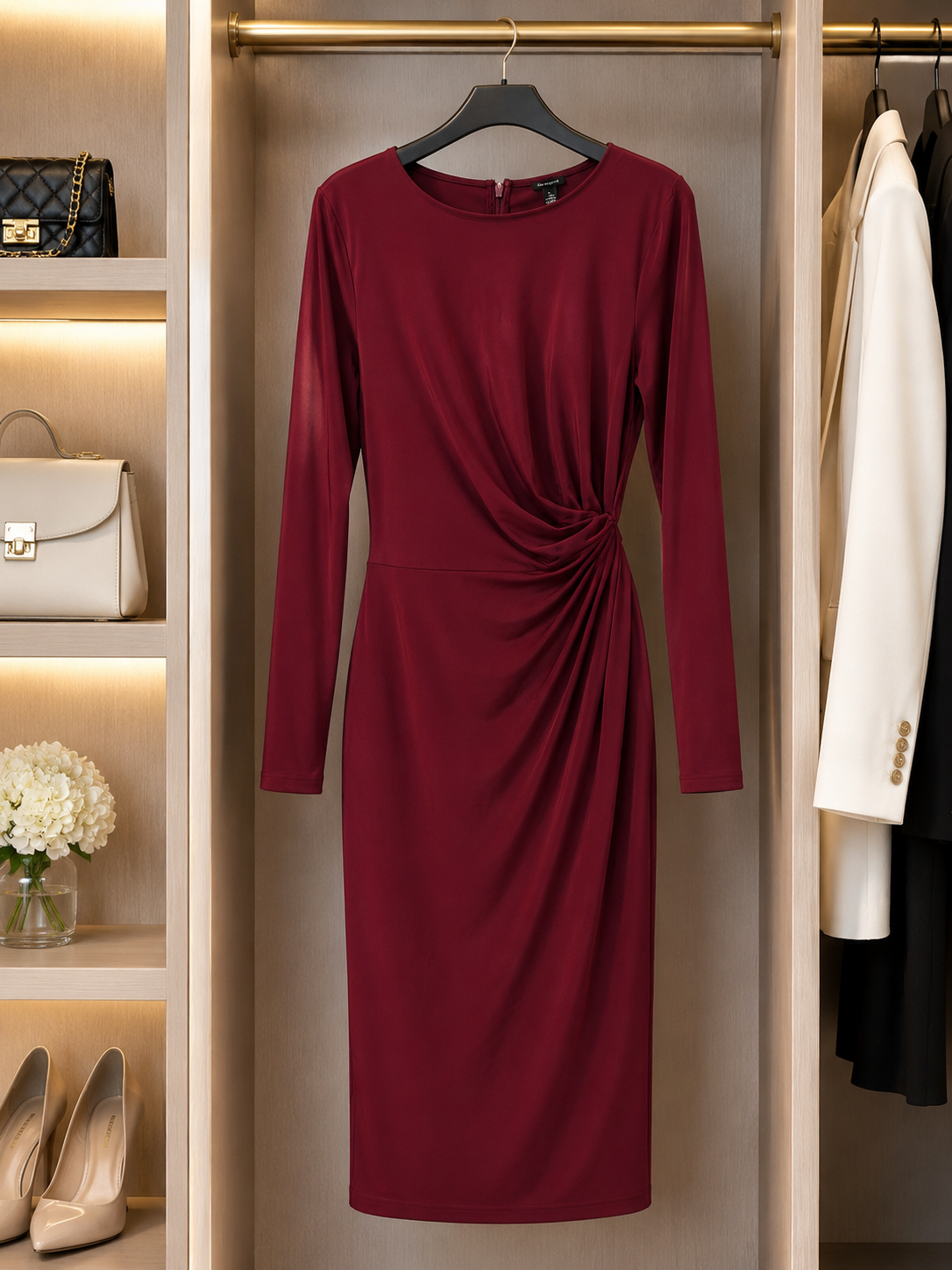 Elegant Burgundy Ruched Midi Dress Size XL