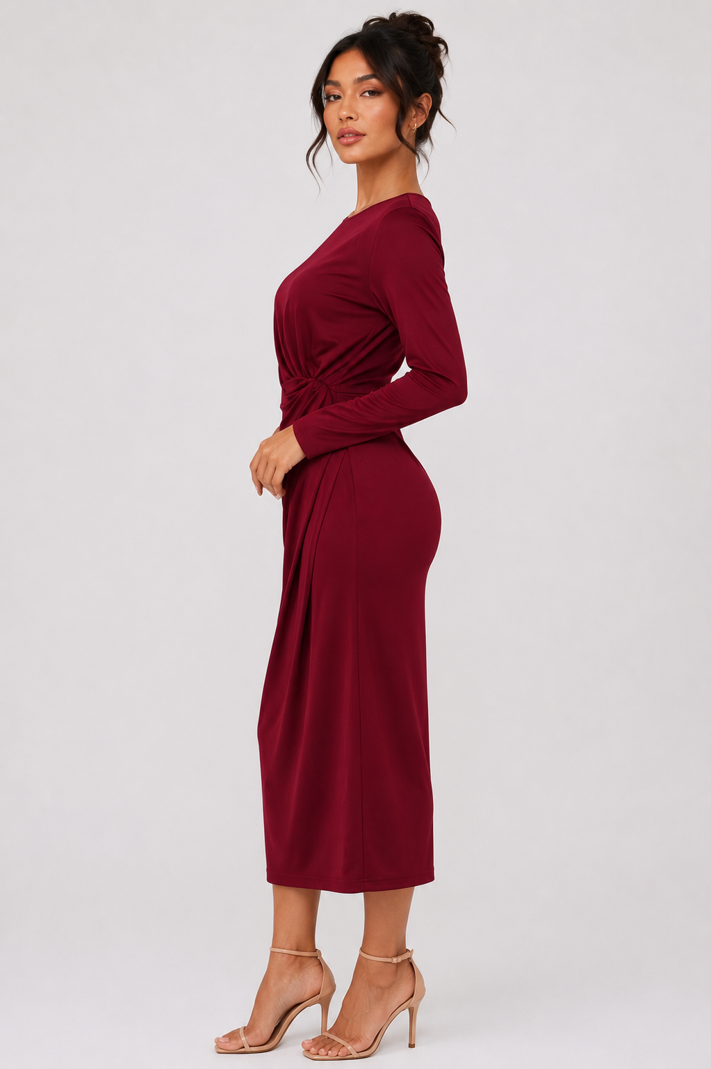 Elegant Burgundy Ruched Midi Dress Size XL