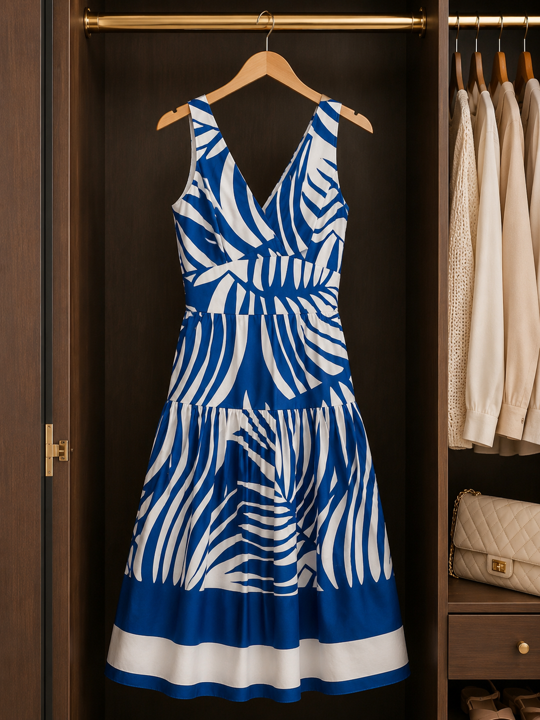 Blue & White Tropical Print Midi Dress – Size 2