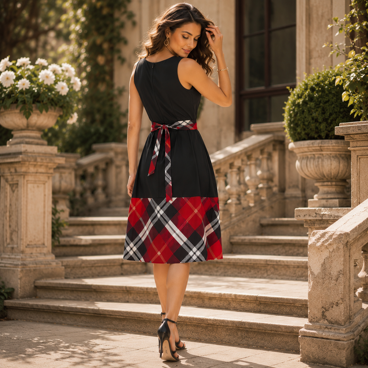 Black & Red Plaid Midi Dress