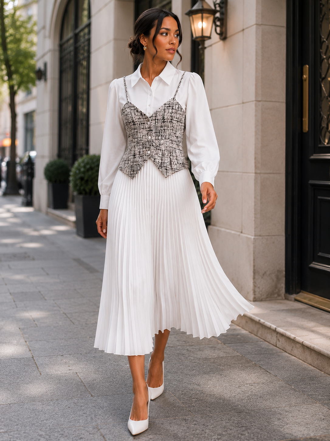 Elegant Two-Piece Look Pleated Midi Dress Size L
