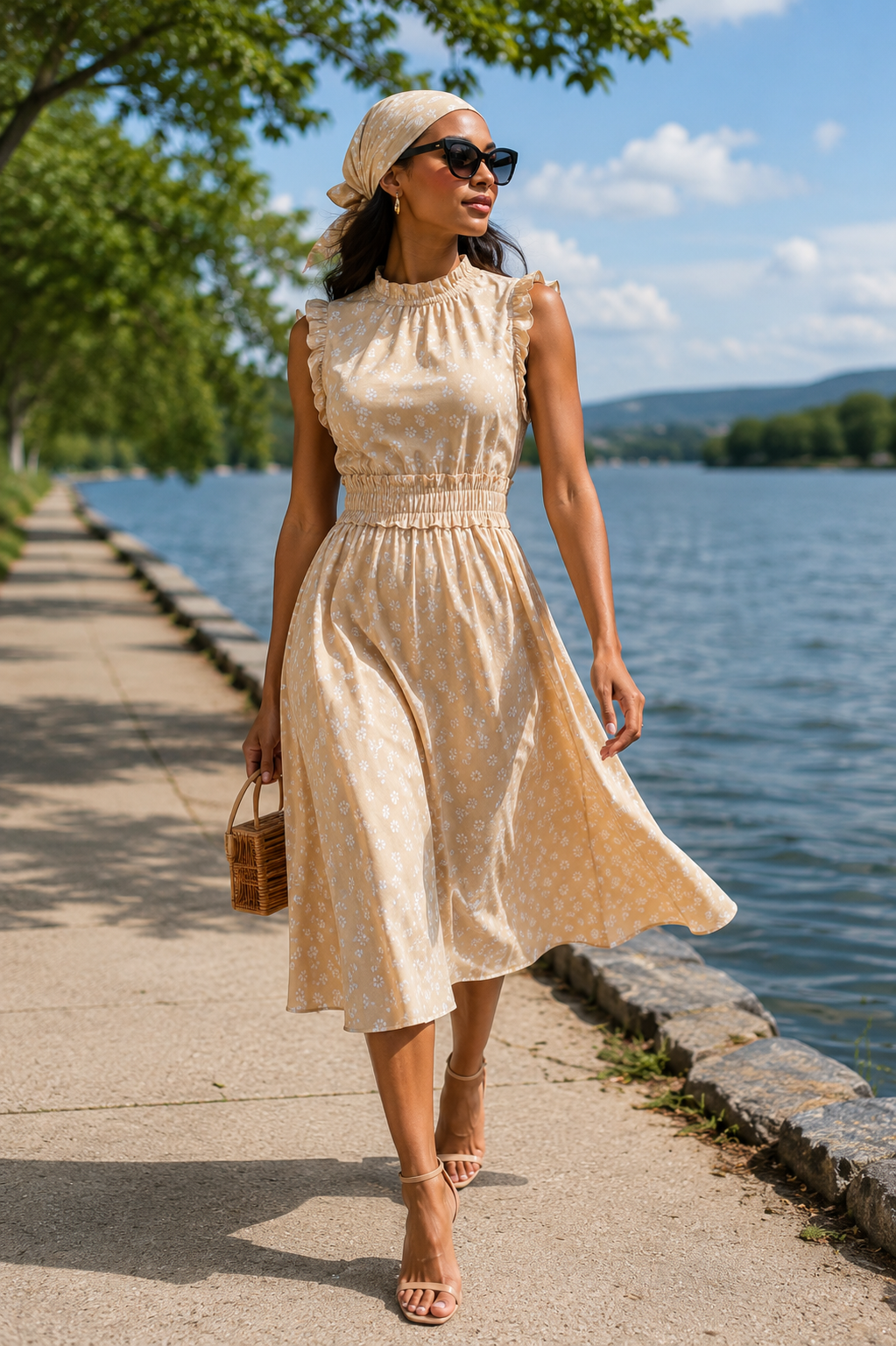 Elegant Beige Floral Midi Dress M