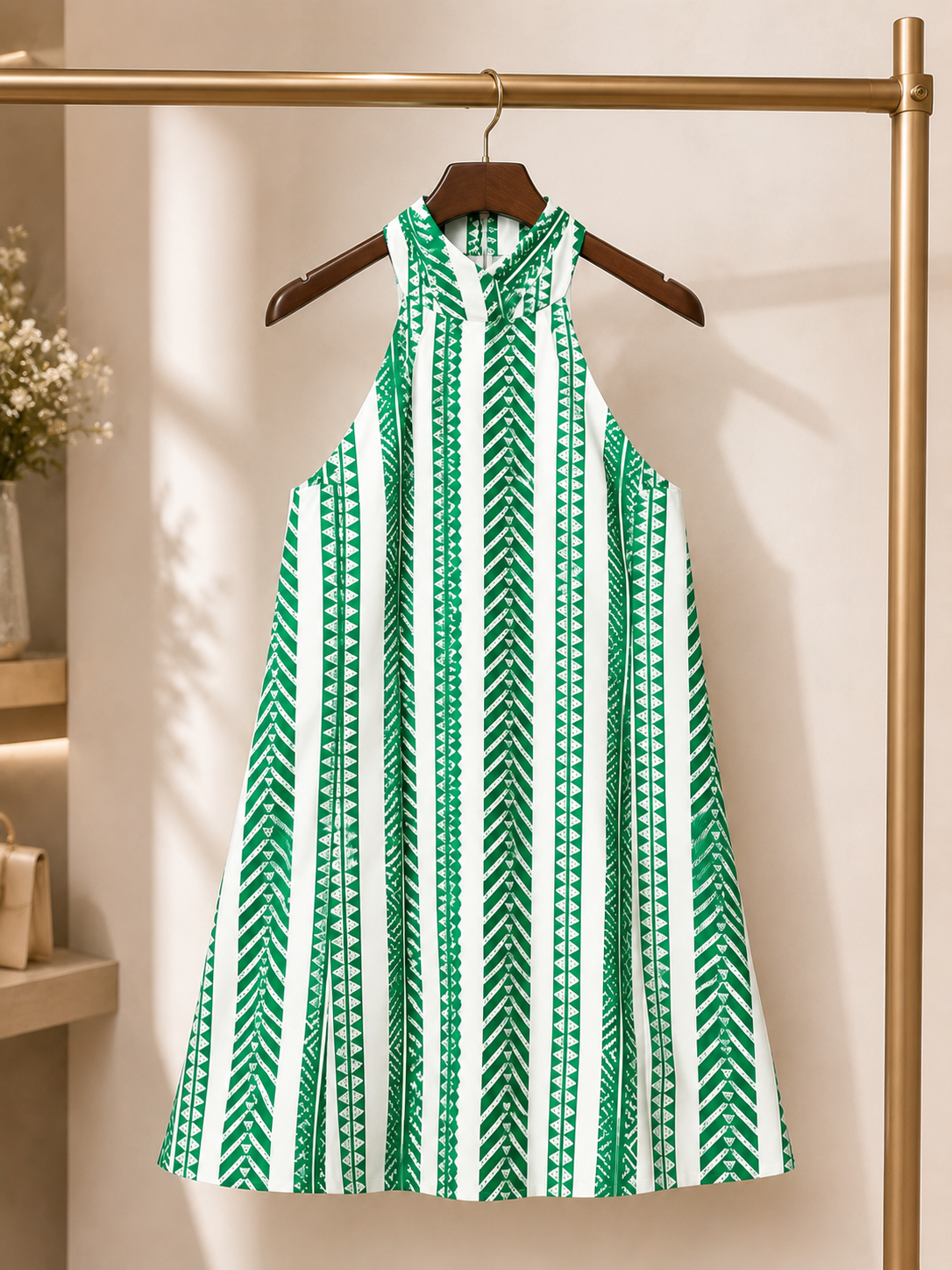 Chic Green & White Printed A-Line Dress Size M
