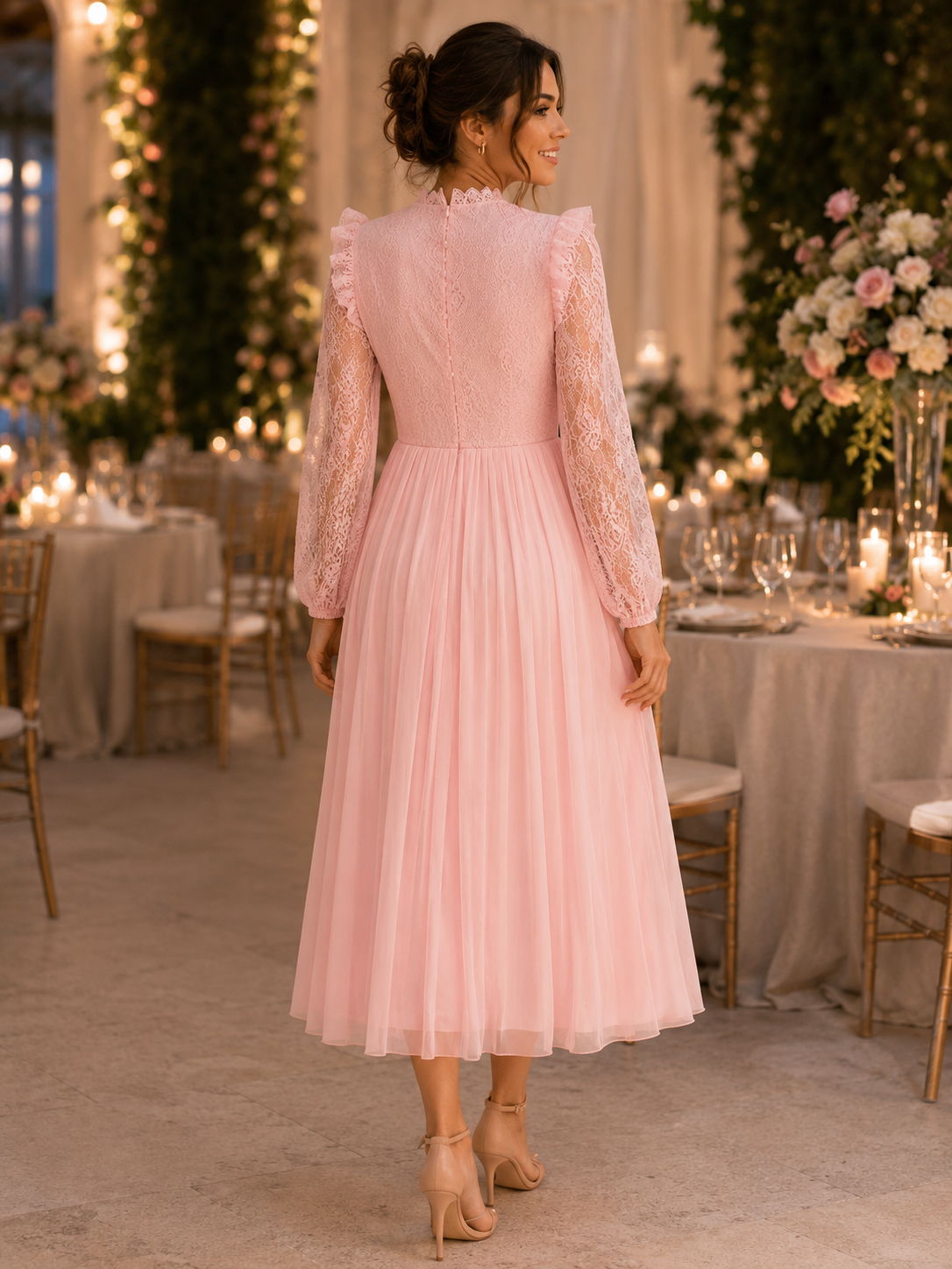 Elegant Blush Pink Lace Midi Dress Size M