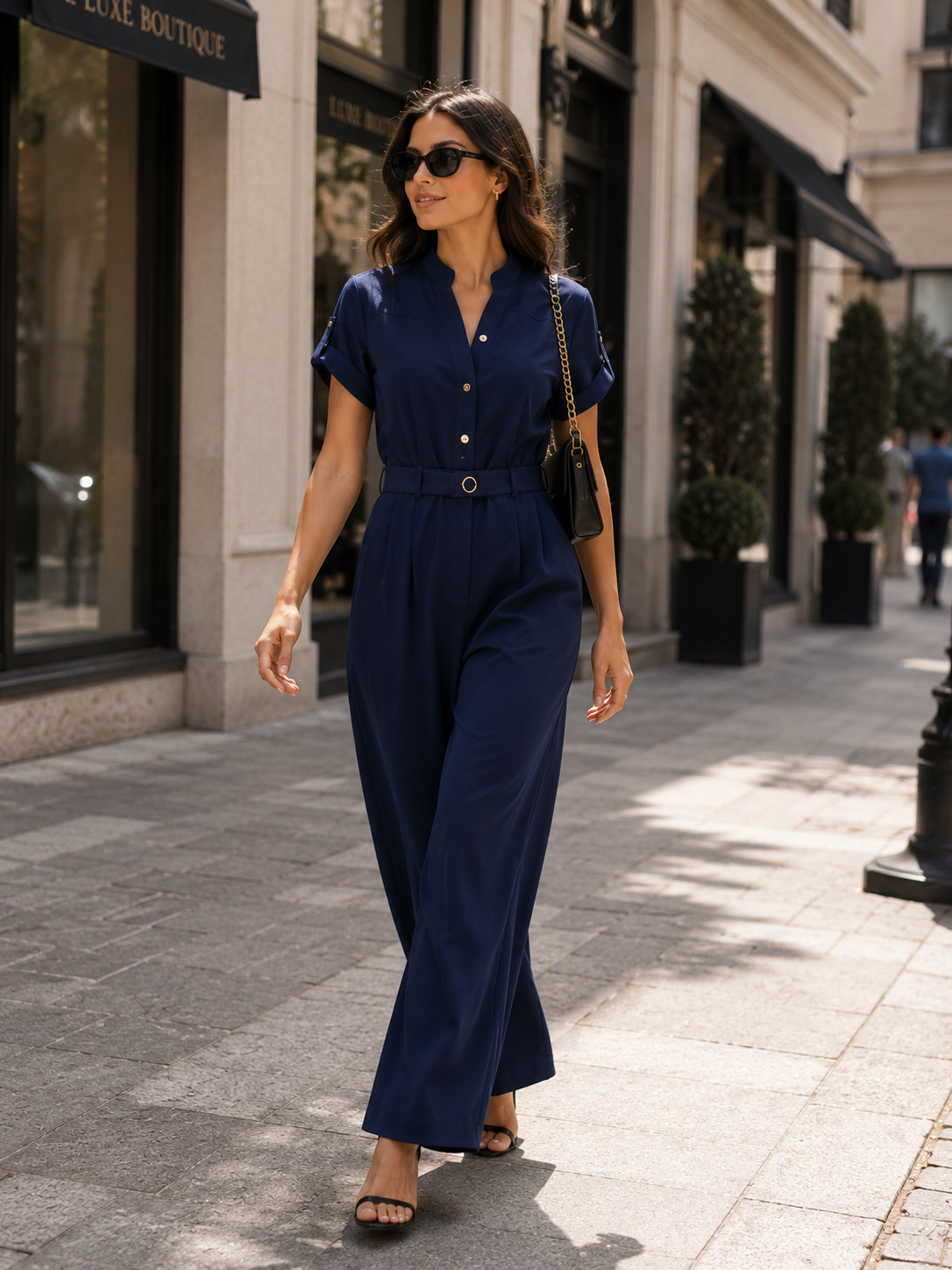 Elegant Navy Belted Jumpsuit Size S
