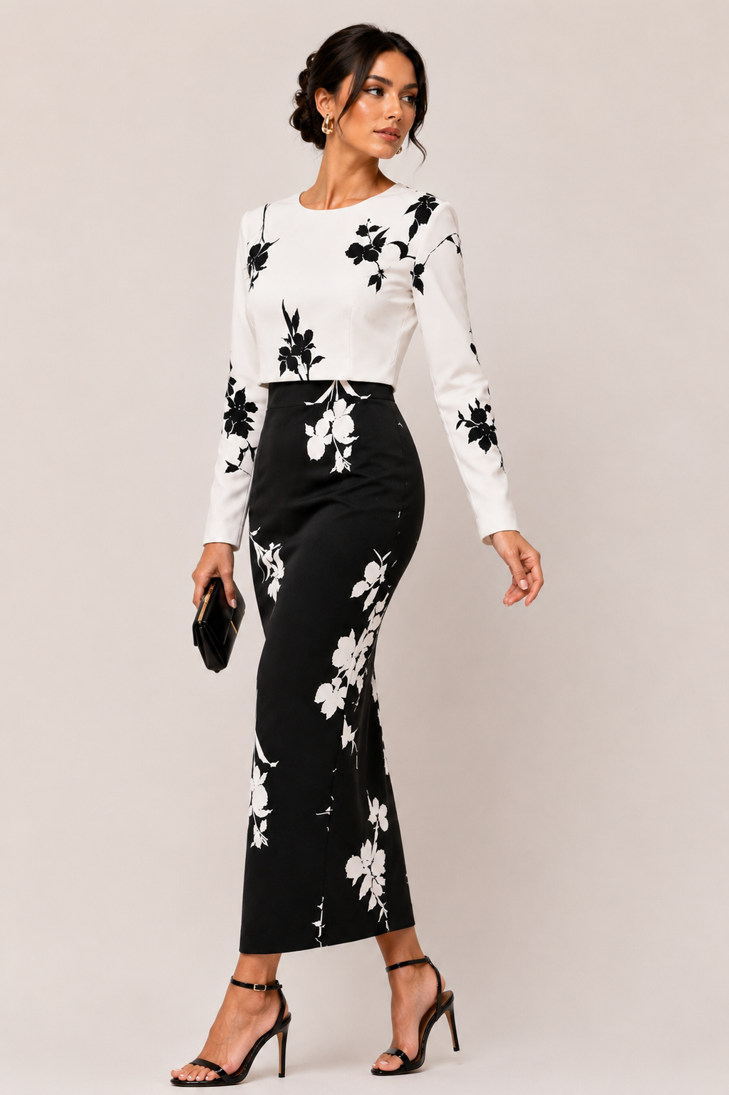 Elegant Black & White Floral Midi Dress Size M