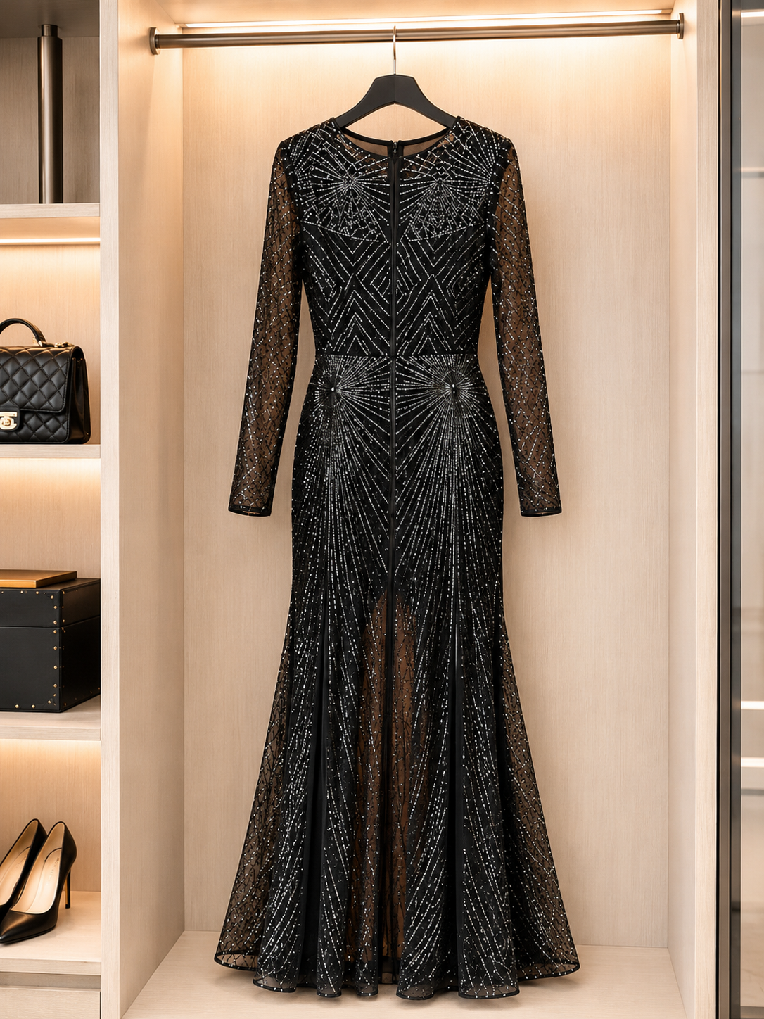 Black Sequin Mesh Evening Gown Size M