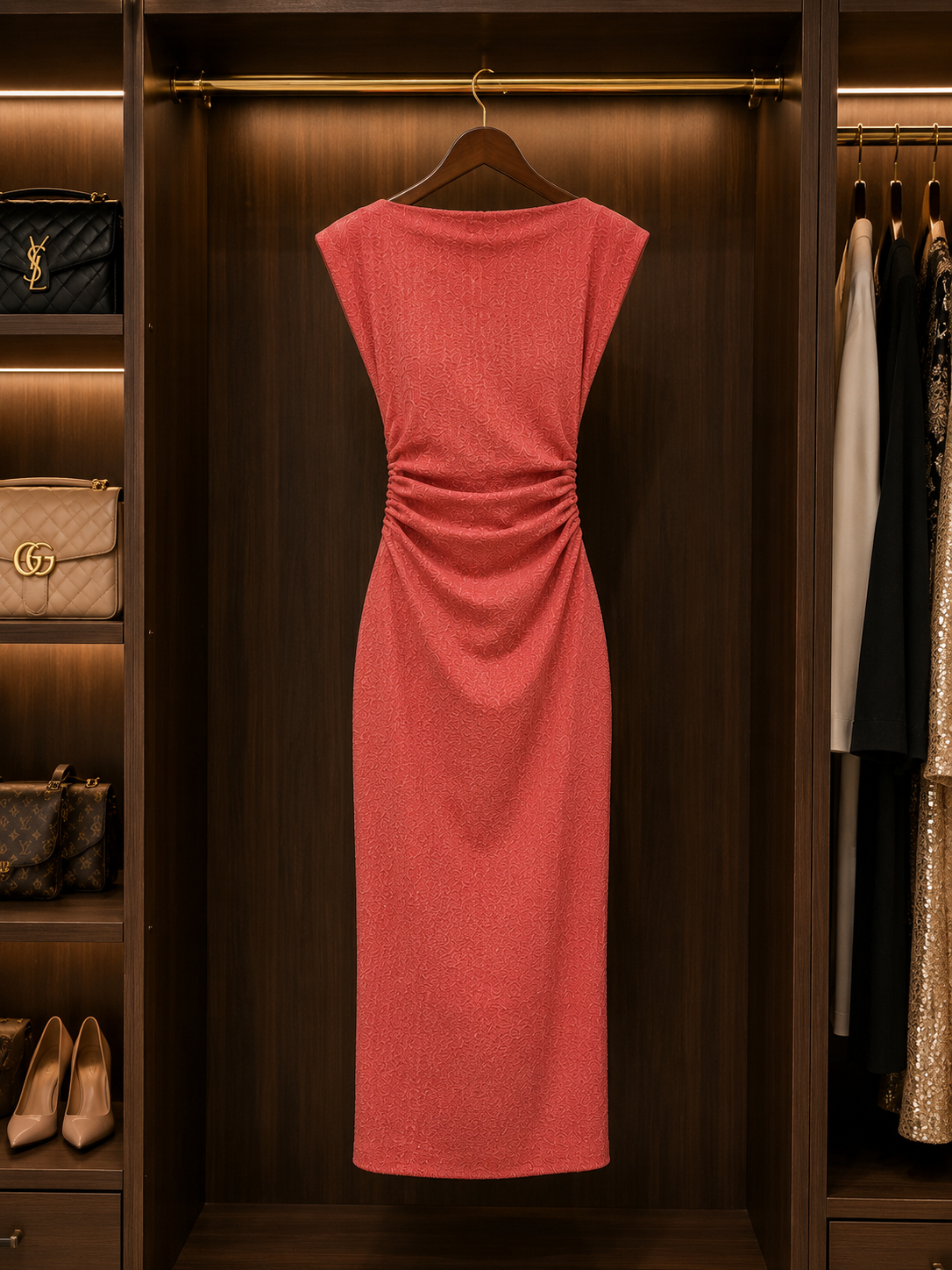 Elegant Coral Ruched Midi Dress – Timeless Sophistication Size S