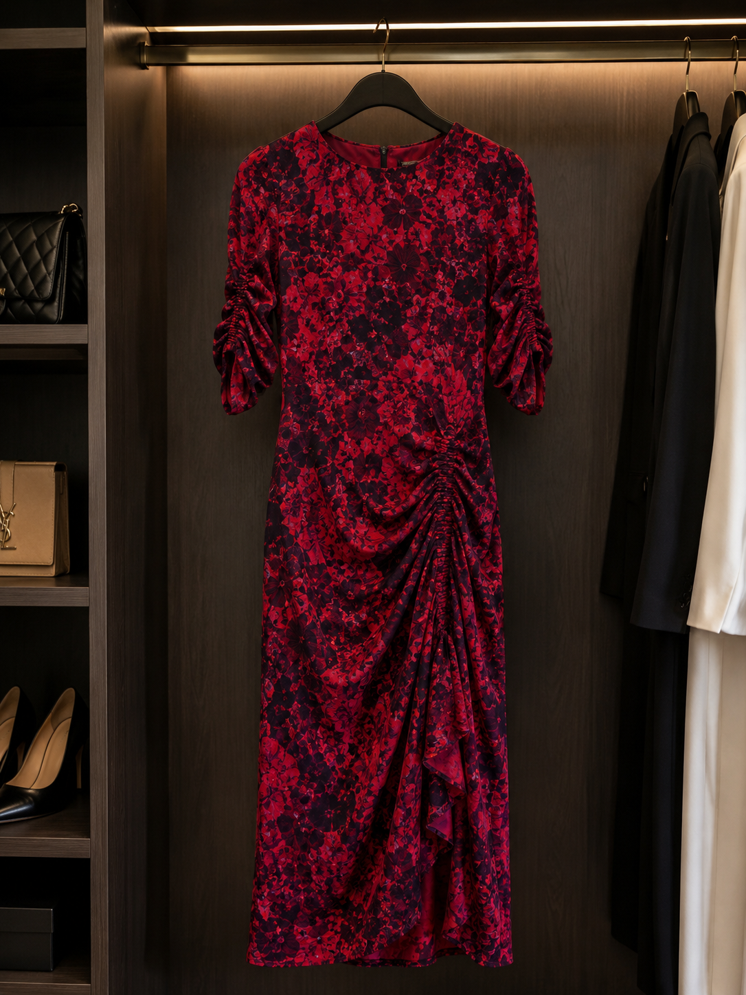 Elegant Floral Ruched Midi Dress Size M