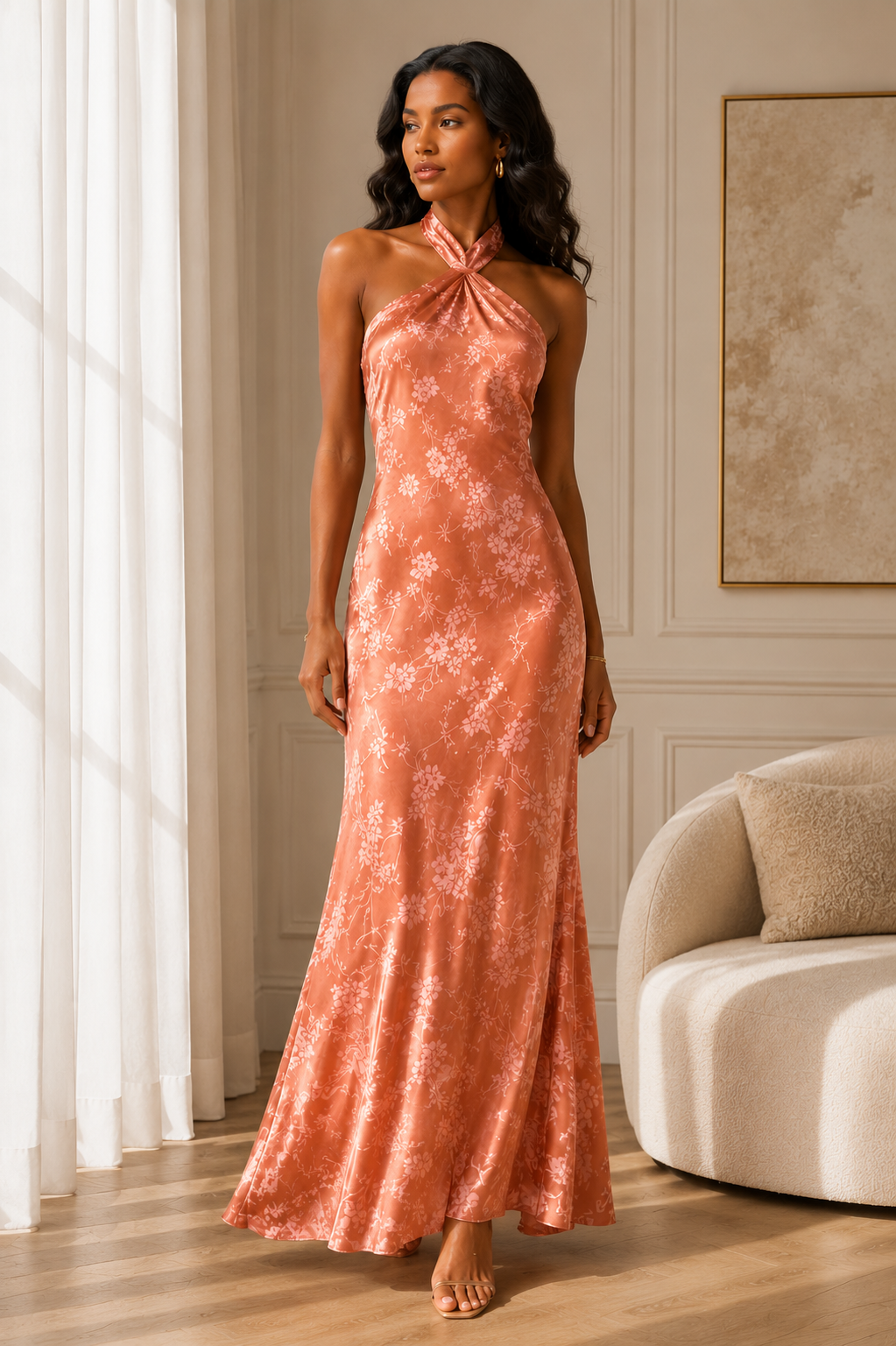 Elegant Floral Halter Maxi Dress Size S