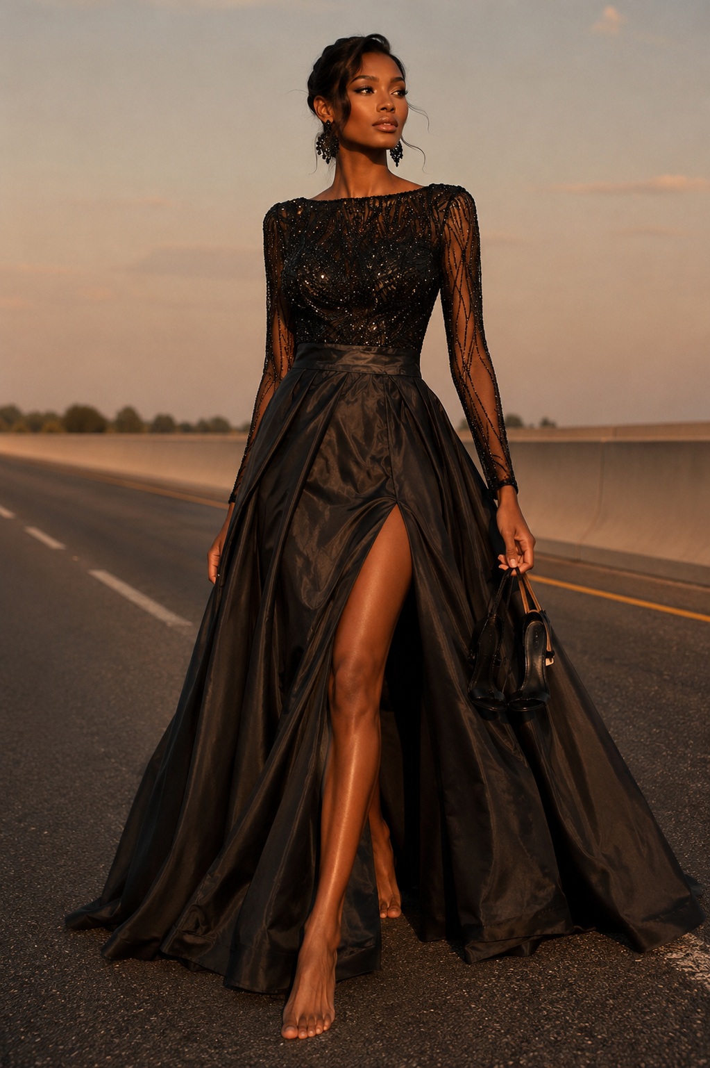 Elegant Black Ball Gown with Beaded Bodice Size M