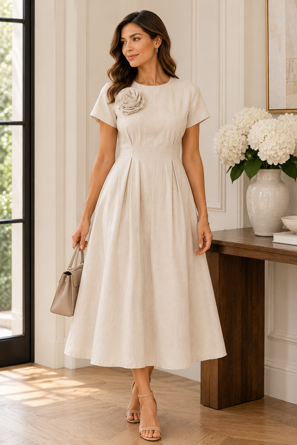 Elegant Cream A-Line Midi Dress Size L