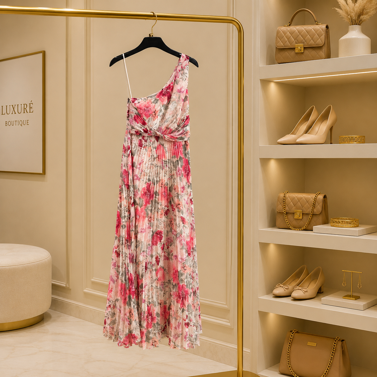 One-Shoulder Floral Pleated Maxi Dress