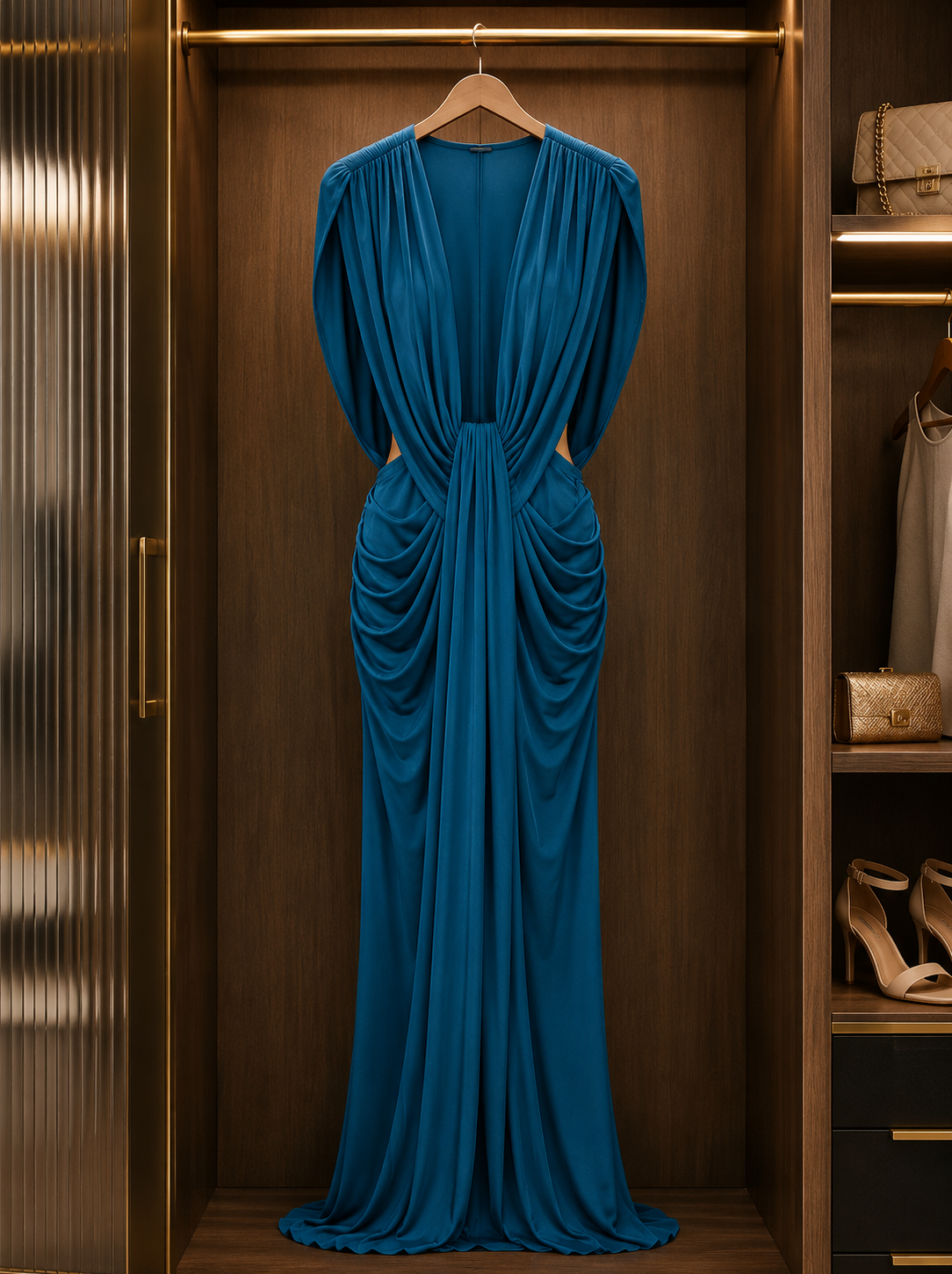 Elegant Teal Draped Evening Gown Size Uk 14