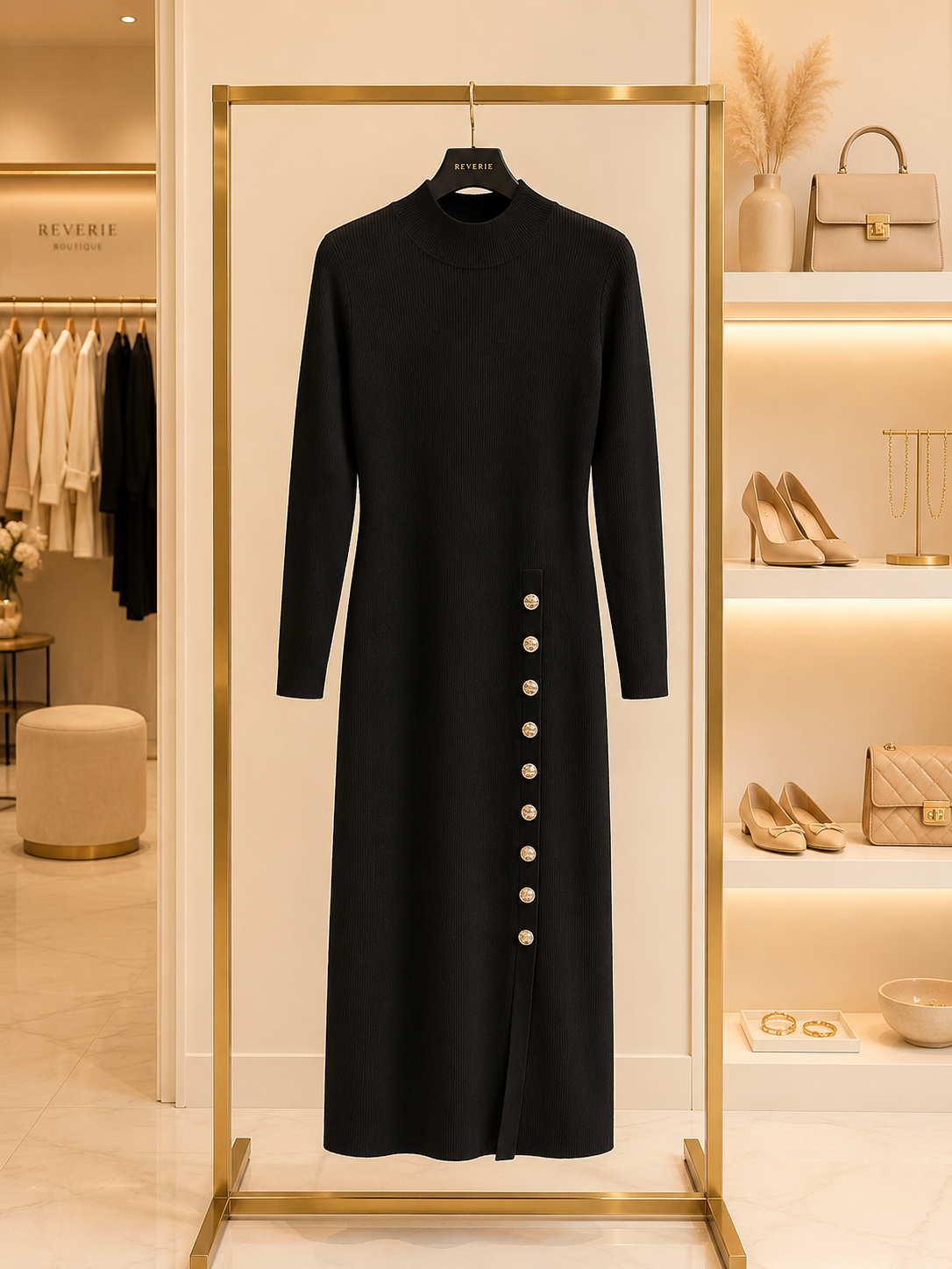 Black Ribbed Button Midi Dress