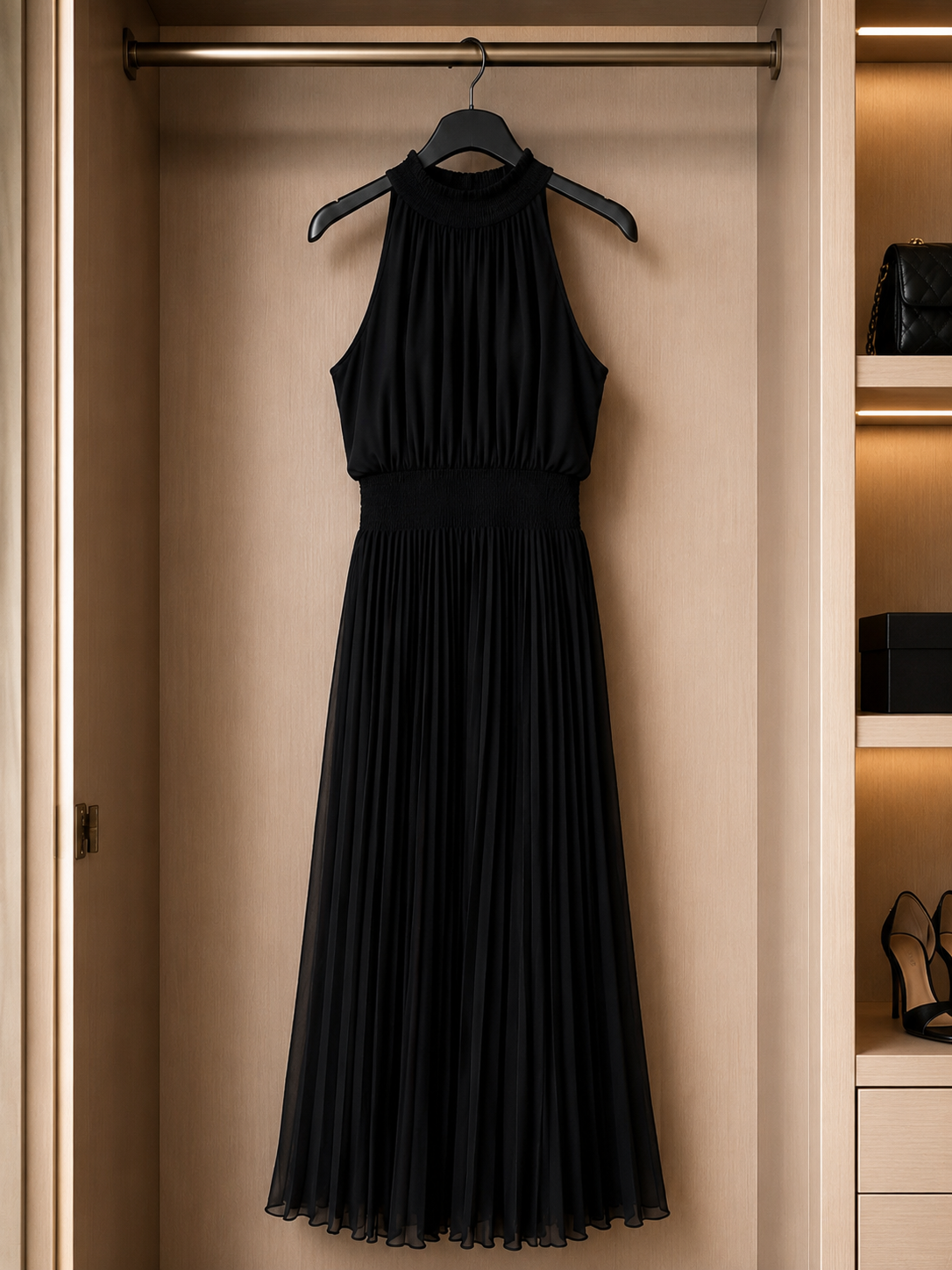 Elegant Black Pleated Maxi Dress Size S